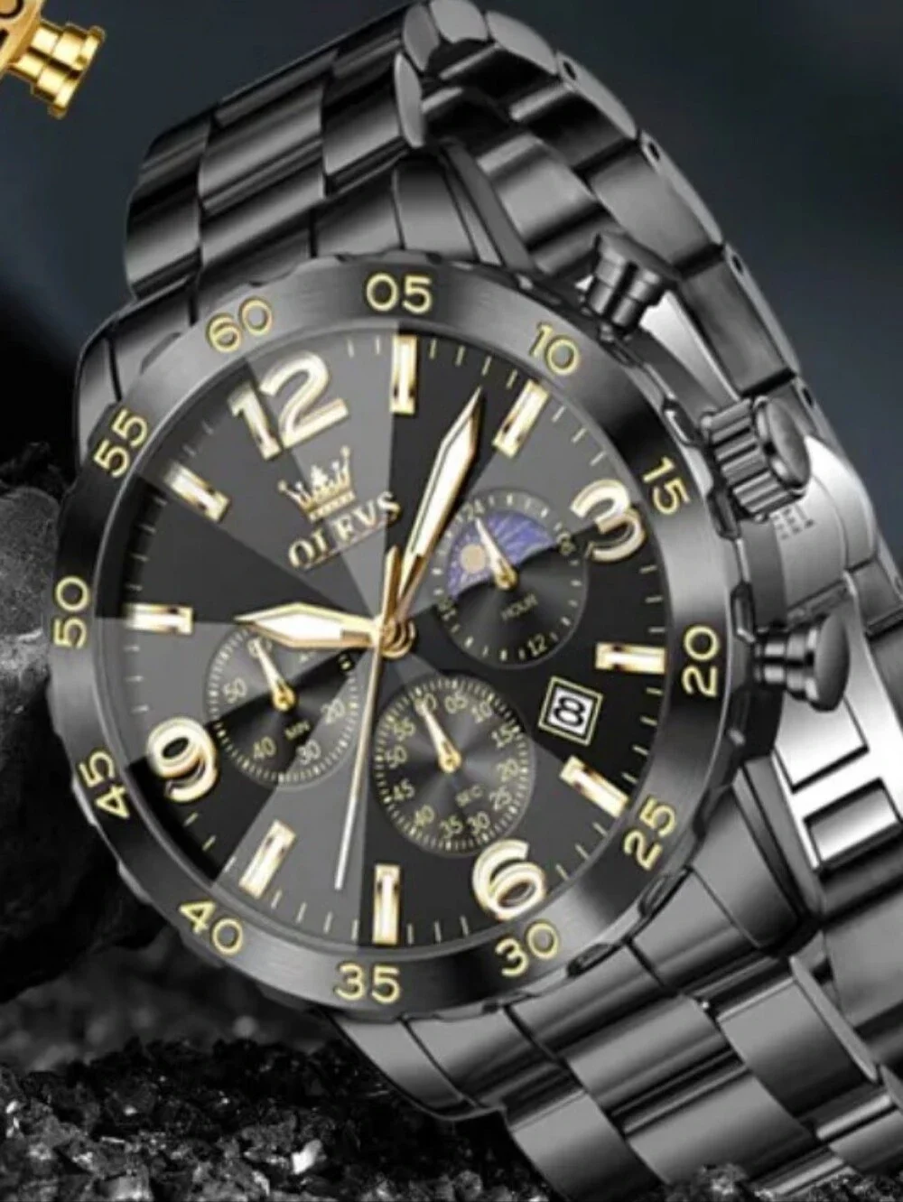 Olevs 3678 Black and Gold Men's Chronograph Watch Waterproof